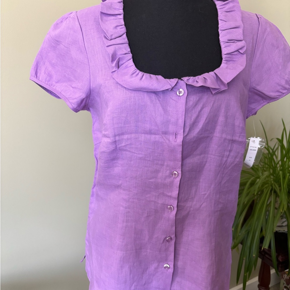 SaintTropez West Purple Linen Ruffle Collar Women's Top M
